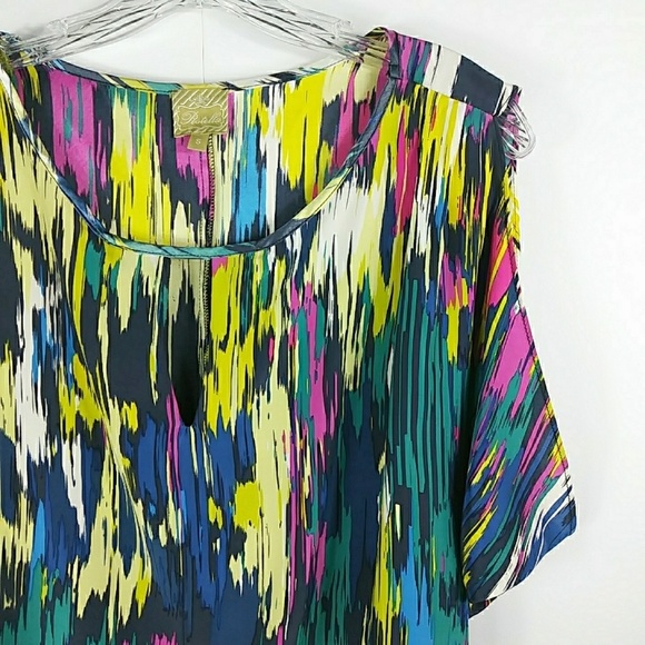 Anthropologie Postella 100% Silk Postella Multicolored Cold Shoulder Top S - Picture 2 of 7